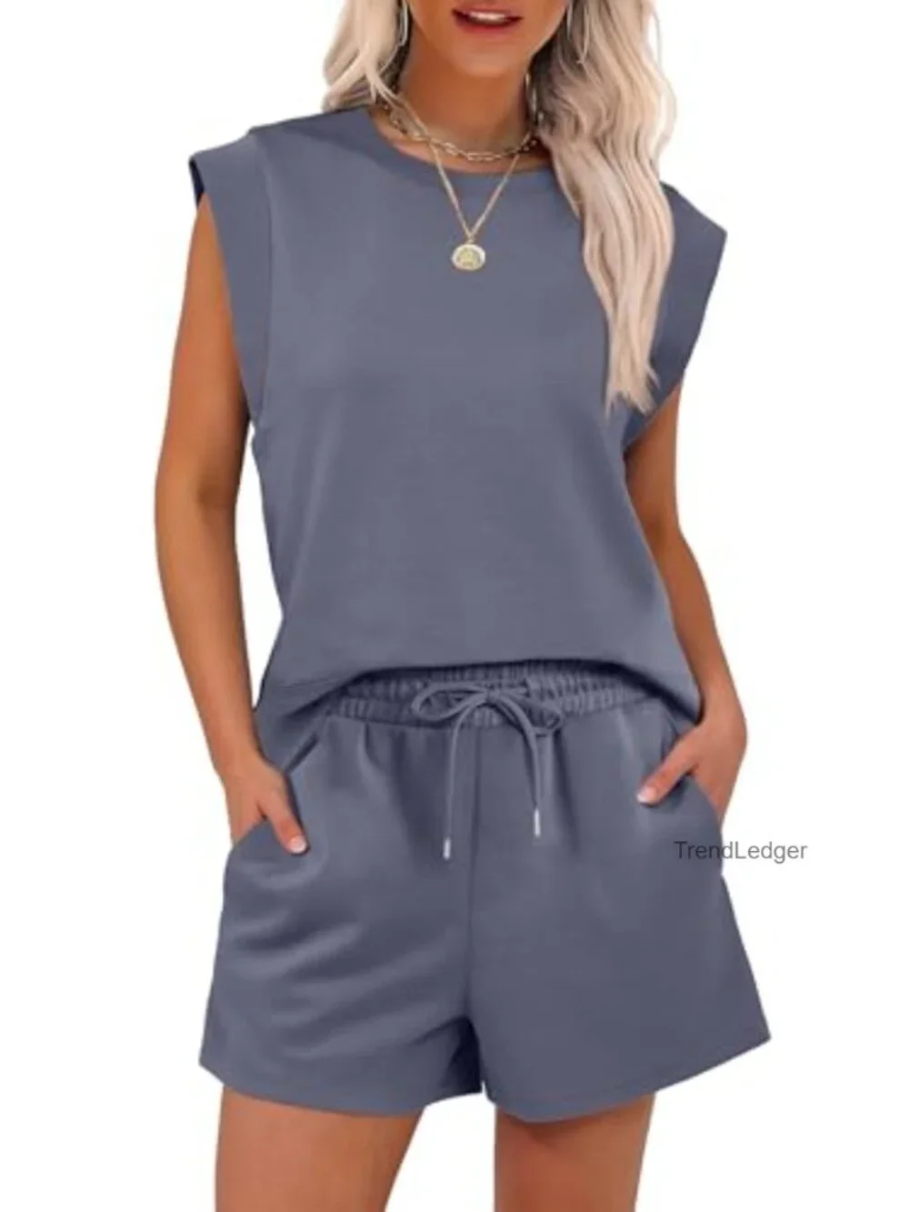 Women's 2 Piece Lounge Short Set Crewneck Cap Sleeve Drawstring